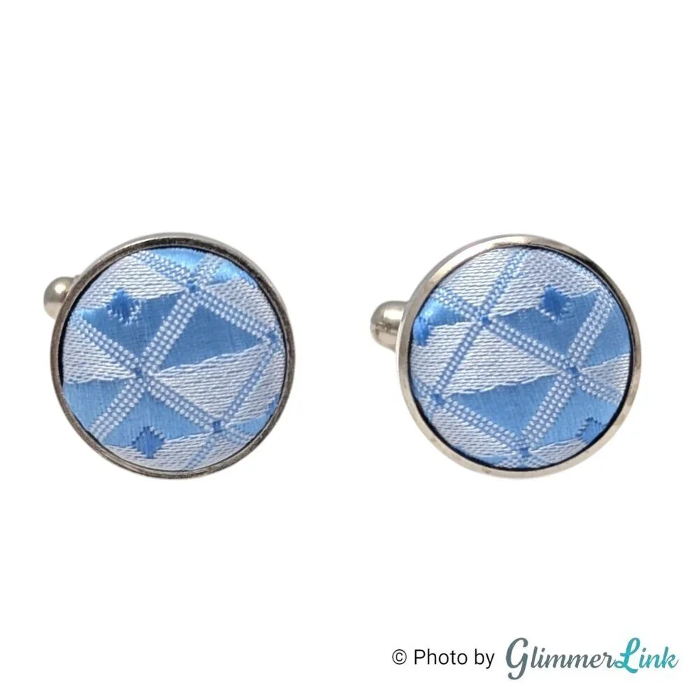 Silver Tone Round Fabric Cufflinks Blue Geometric Pattern Bullet Back